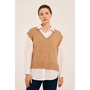 Primark Womens V Neck Sweater Vest Sleeveless Knit Top Casual Tan Size‎ L